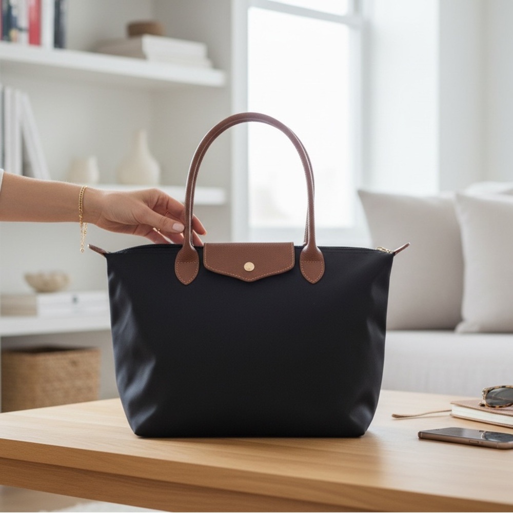 Nylon Tote Bag Black Brown | Minimalist Quiet Luxury Everyday Work Bag . - Picture 3 of 8